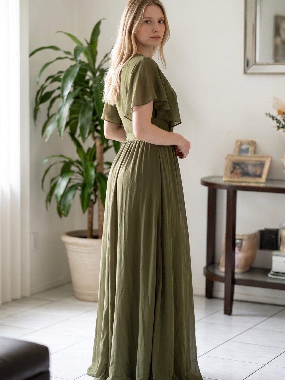 Lulu's Olive Green Flutter Sleeve Maxi Dress